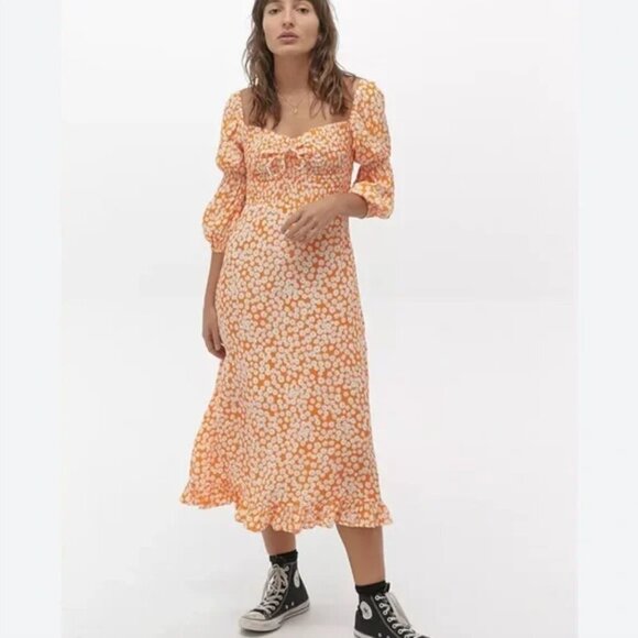 Faithfull the Brand Anthropologie Nora Orange Smocked Floral Midi Dress … - Picture 1 of 8